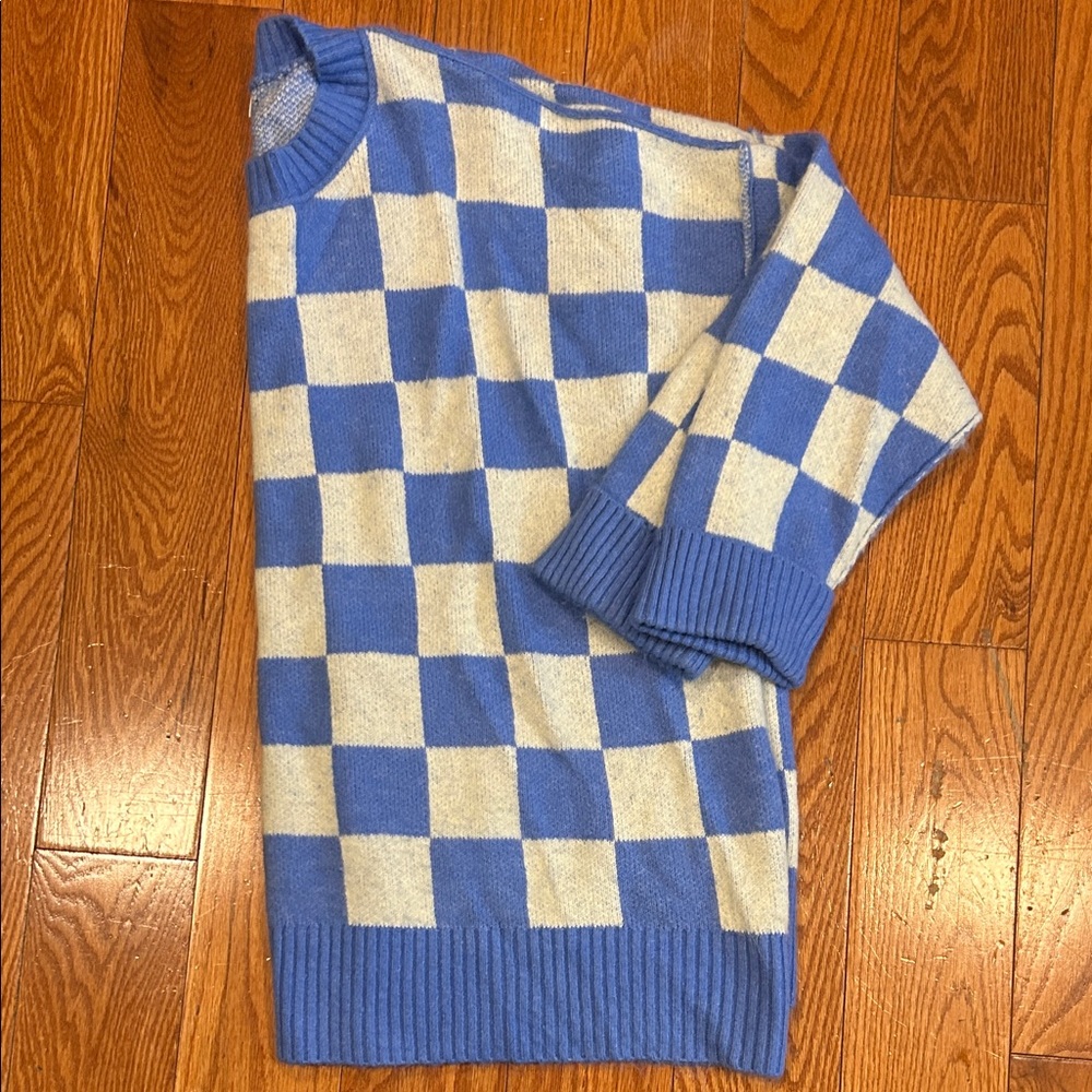 She + Sky Blue and White Checkered Crewneck Sweater